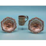 A Victorian embossed silver christening mug, London 1893, and a pair of embossed silver sweetmeat