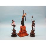 An Art Deco simulated bronze and ivory statuette, female dancer on angular plinth, 17in. and a