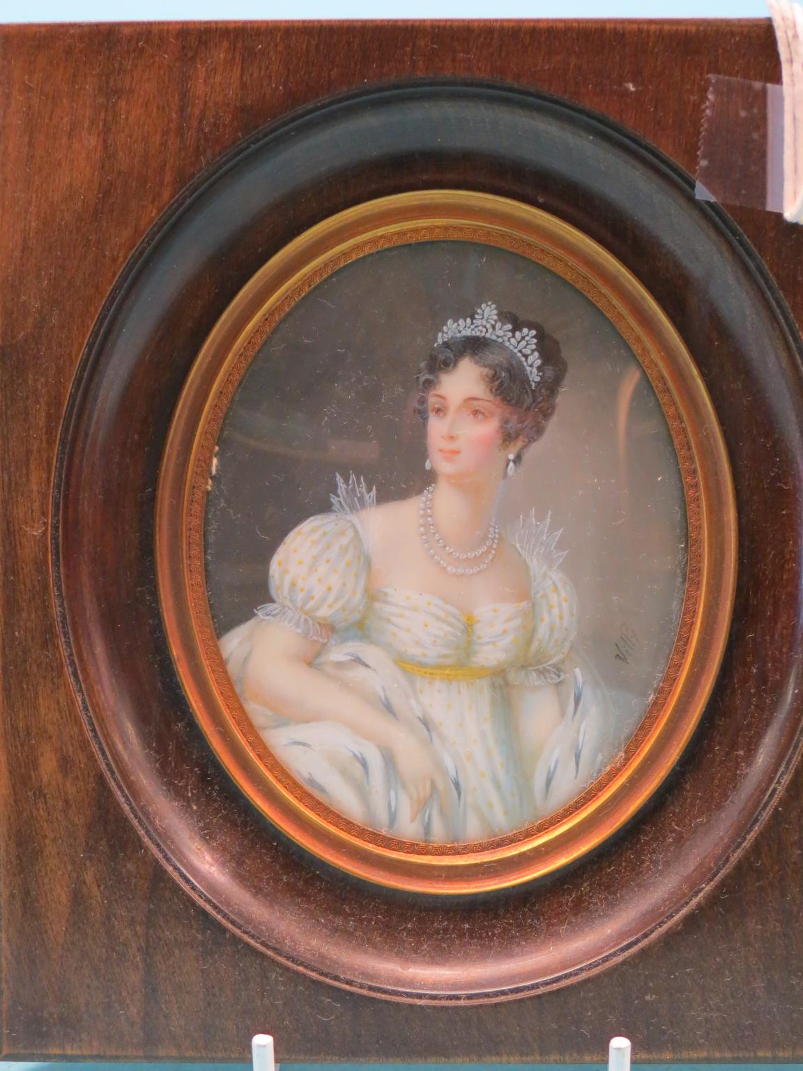 A portrait miniature, half-length female wearing tiara, pearwood frame, and an hand-coloured - Image 2 of 2