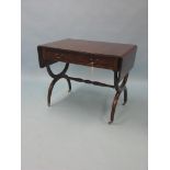 A reproduction inlaid mahogany sofa table, with two frieze drawers, on X-form end supports with