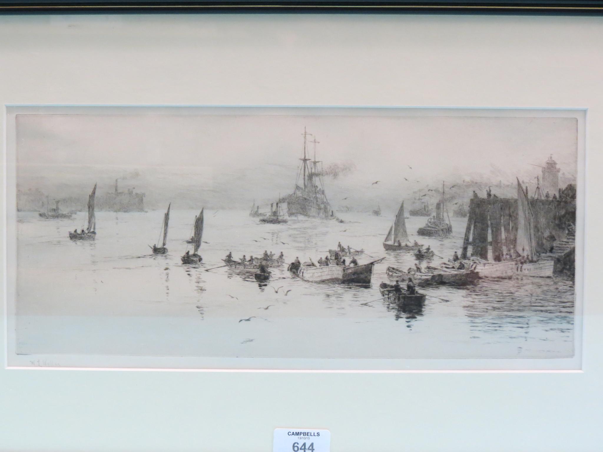 William Lionel Wyllie - marine etching, entitled North Shields, High and Low Lights, signed in