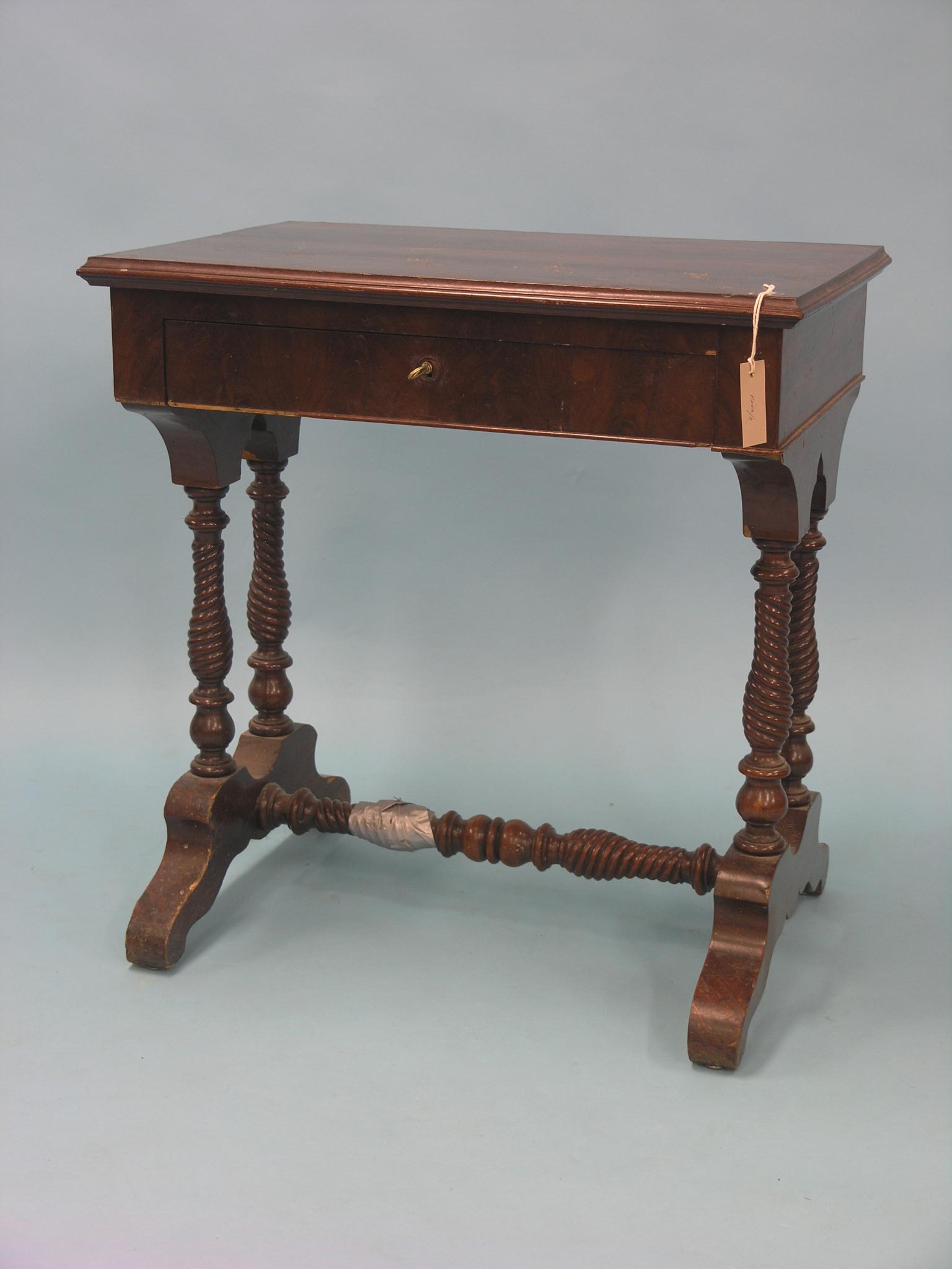A Victorian mahogany side table, rectangular-shape with single frieze drawer, on twin spiral-twist