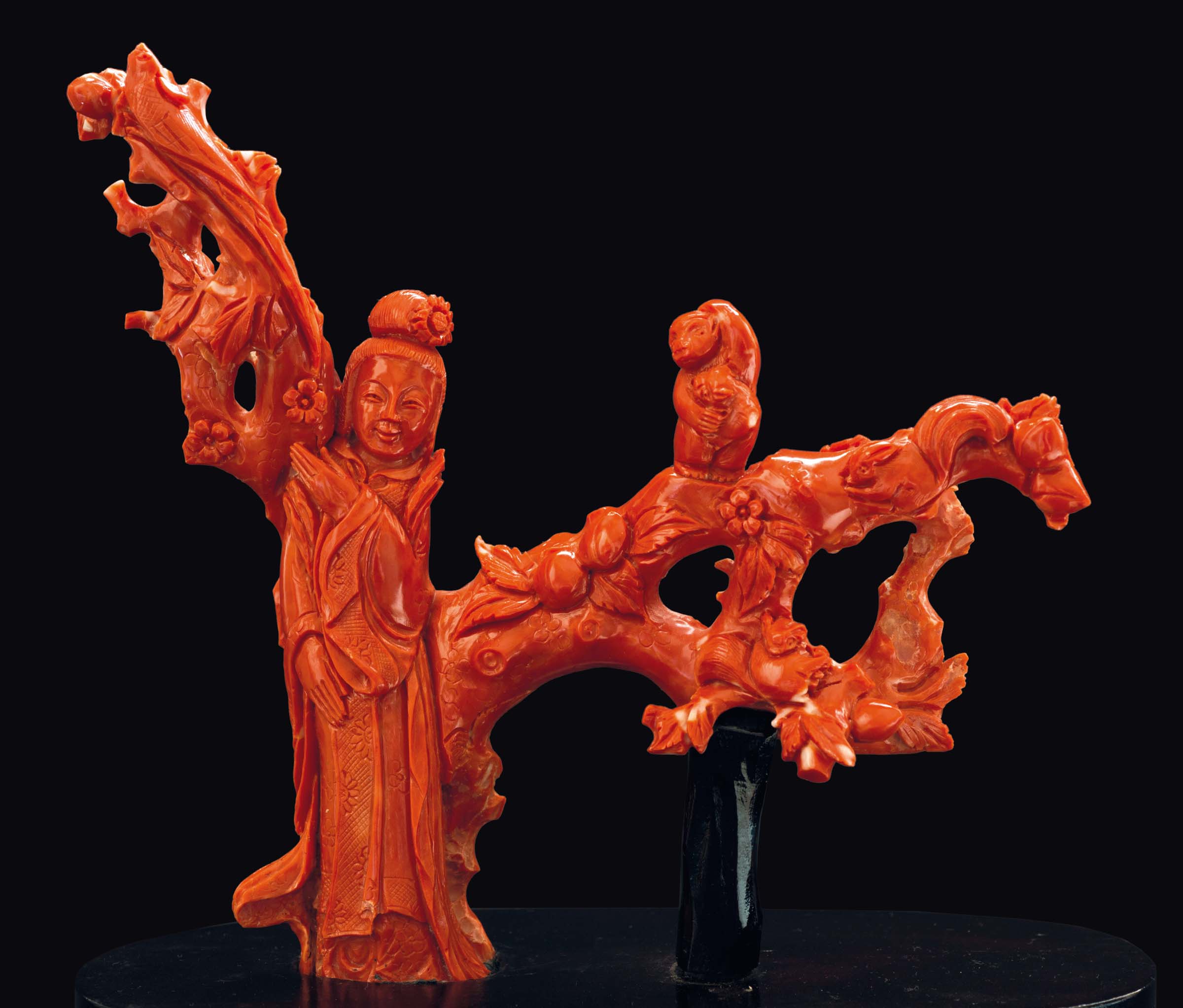 A carved coral "Guanyin with squirrels and little monkey on a tree" group, China erly, 20th - Image 3 of 4