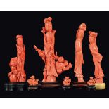 A lot of carved coral sculptures, four figures of Guanyin, three child and a branch with little