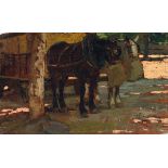 Ruggero Panerai (Firenze 1862 - Parigi 1923), Muli bardati olio su tavola, cm 11x18, firmato in