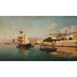 Enrique Florido Bernils (Malaga 1873-1929), Porto di Malaga olio su tela, cm 60x100, firmato in