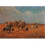 Alfredo Vaccari (Torino 1877 - 1933), Paesaggo con beduini, 1927 trittico ad olio su tela, cm