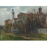 Domingo Motta (Genova 1872 - Genova Pegli 1962), Paesaggio olio su cartone, cm 21x16, firmato in