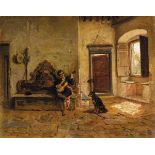Bartolomeo Giuliano (Susa 1825 - Milano 1909), Figura con chitarra e cane in un interno, 1900 olio
