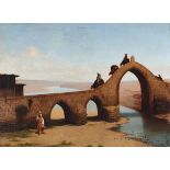 Cesare Biseo (Roma 1843-1909), Paesaggio orientalista con ponte olio su tela, cm 120x90, firmato