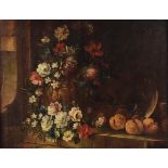 Scuola del XIX secolo, Natura morta con fiori e frutta olio su tela, cm 74x95