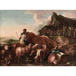 Salvatore Castiglione (Genova 1620 - dopo 1676), Paesaggio bucolico con animali olio su tela, cm