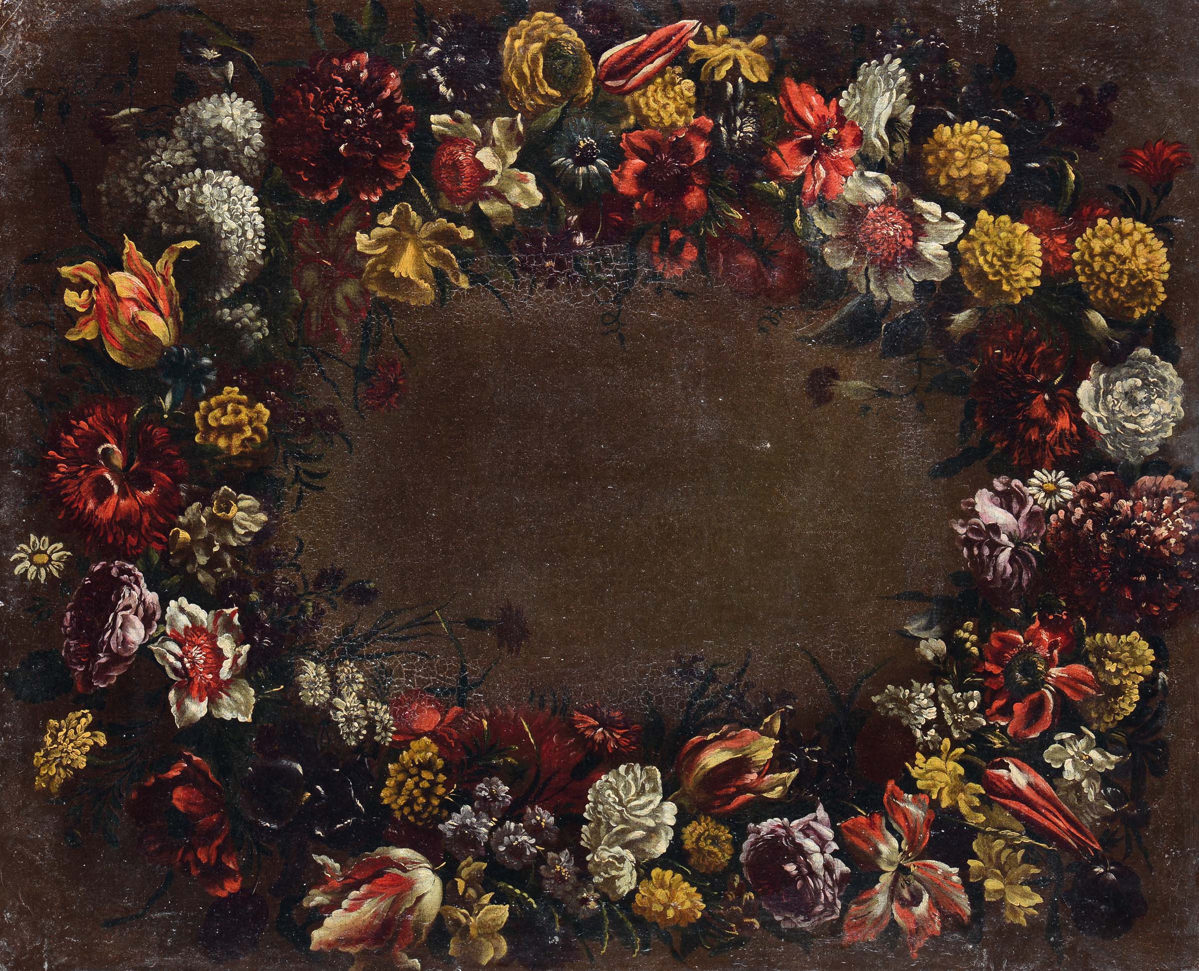 Scuola Romana del XVII secolo, Corona di fiori olio su tela, cm 86x70