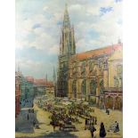 Georg Jacobsen (19th/20th Century) - Oil painting - "Frieburg Cathedral", canvas 33.75ins x 27.5ins,