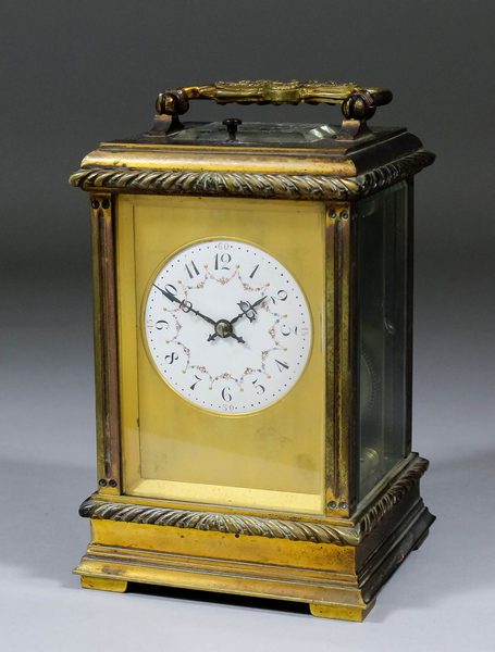 A late 19th/early 20th Century French carriage clock, No. 5317, the 2.25ins diameter white enamelled