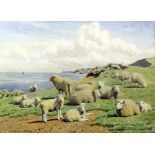 William Sydney Cooper (1854-1927) - Watercolour - Sheep on cliffs with Reculver in the distance, 9.