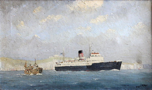 Hugh E. Ridge (?) (1976) - Two oil paintings - Ferry off Dover, canvas 16ins x 20ins, and a liner