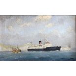 Hugh E. Ridge (?) (1976) - Two oil paintings - Ferry off Dover, canvas 16ins x 20ins, and a liner