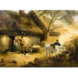 E. Bristow - Oil painting - Rural cottage scene with a couple and dogs by the doorway and a man with