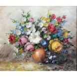 Rene (20th Century Continental) - Oil painting - Still life with bowl of flowers, canvas 20.5ins x