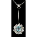 An Edwardian gold and silvery coloured metal mounted zircon and diamond set pendant, the central