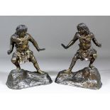 19th Century French School - Pair of green/brown patinated bronze Chinese style figures, both on