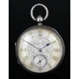 A late Victorian gentleman's silver cased open faced keyless lever pocket watch by J. Flinn &