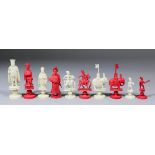 A part 19th Century Chinese carved ivory chess set, Pawns 2ins high and Kings 3.75ins high (