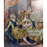 A 19th Century embroidered and painted silk panel - Classical interior scene with mother and child