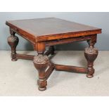 An oak drawleaf dining table of 17th Century design with cleated three plank top, on bulbous