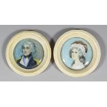 19th Century School - Pair of miniatures - Shoulder length portrait of a Naval Officer and a lady,