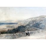 19th Century British School - Watercolour - Coastal landscape with road and children to