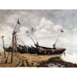 20th Century School - Oil painting - Fishing boats on a beach, canvas 16.25ins x 21.5ins, unsigned