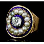 An early 19th Century gold coloured metal mounted diamond, enamel and seed pearl set ring, the