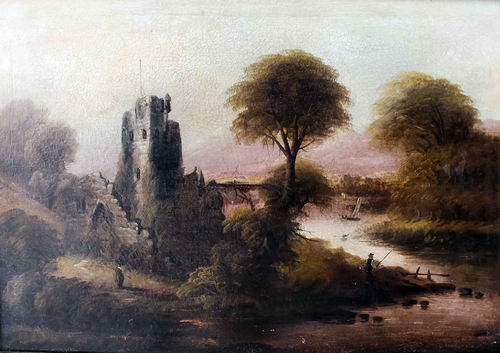 19th Century English School - Oil painting - River landscape with ruined castle and figures to bank,