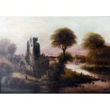 19th Century English School - Oil painting - River landscape with ruined castle and figures to bank,