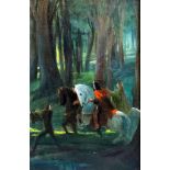 In the style of Henrik Heintz (1896-1955) - Oil painting - Woodland scene with figures guiding