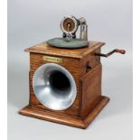 An early 20th Century Pathephone No. 1 gramophone No. 1682, in oak case with integral aluminium