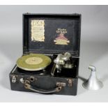 A 1920s child's "Pixie Grippa" portable gramophone with small aluminium horn, in black leather cloth