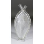 A late 19th Century English glass flask of flattened form with twin pouring spouts, engraved "A