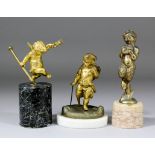 Continental School - Two gilt metal figures - Dancing putti holding a laurel wreath aloft, 3.5ins