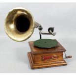 A 1920s oak gramophone with Exhibition sound box and brass horn for same, base 11ins square