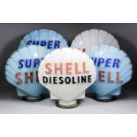 Five Shell, pectern shaped glass petrol pump globes - Three "Super Shell" blue examples with blue