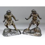 19th Century French School - Pair of green/brown patinated bronze Chinese style figures, both on