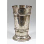 A Victorian silver cylindrical vase of tapered form with two girdles to body and on circular