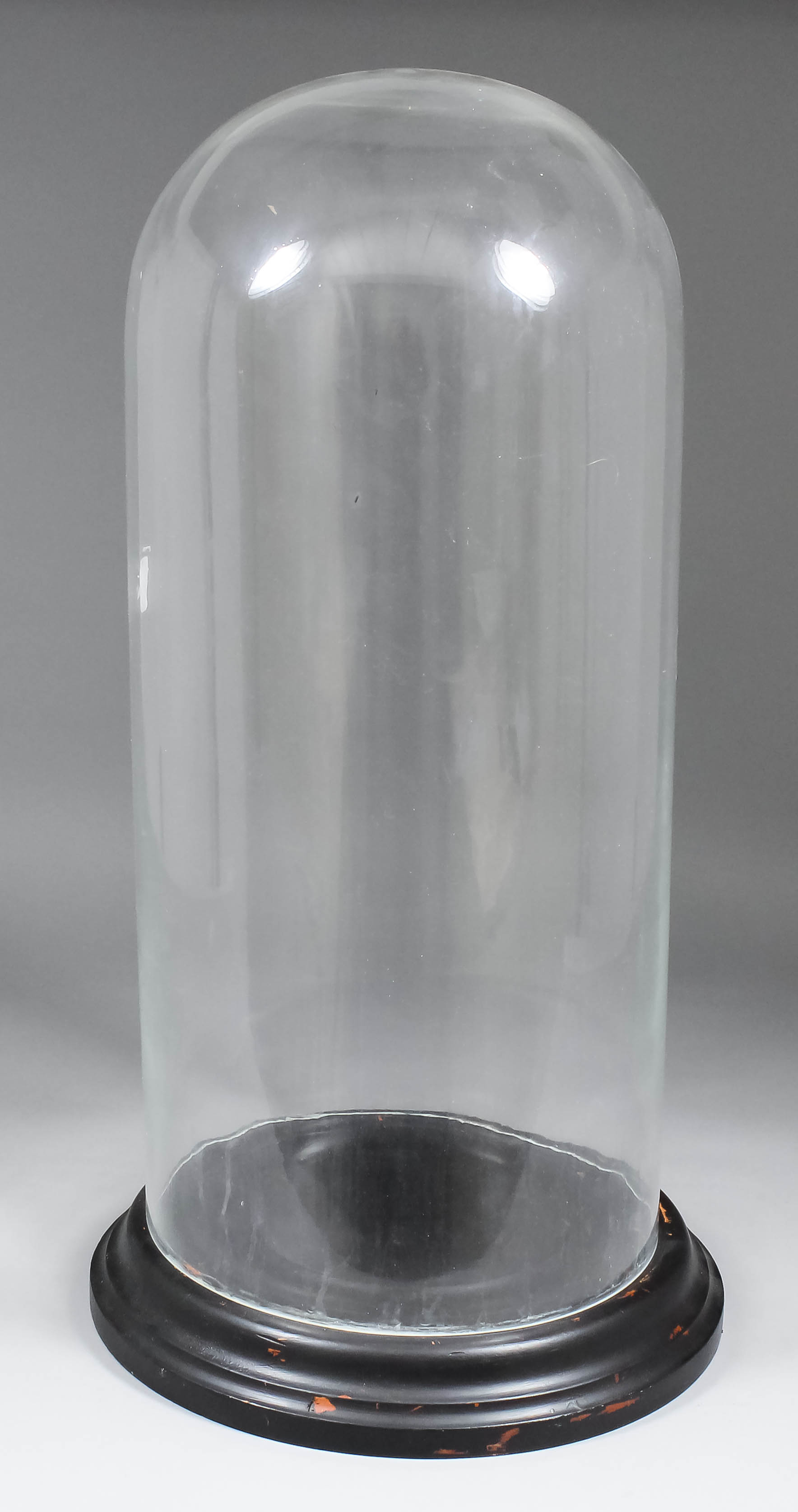 A late 19th Century clear glass dome, 9.5ins diameter x 21.5ins high, with ebonised stand for same