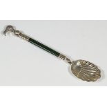 An Edward VII silver and green jade mounted spoon with scalloped bowl and Kiwi pattern finial,