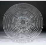 A moulded circular Lalique glass dish, 13ins diameter (etched mark to centre "R.Lalique, France")