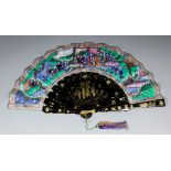 A 19th Century Chinese fan, the paper leaf painted in colours to both sides with people in a