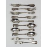 Twelve Victorian silver fiddle and thread pattern table forks by Chawner & Co, London 1856, 1863,